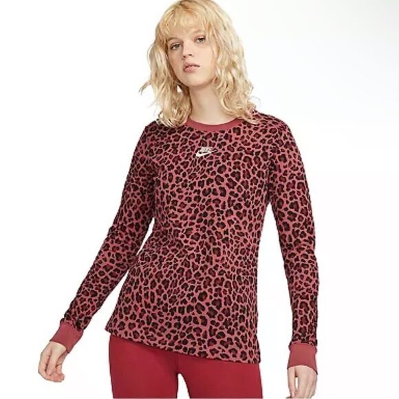 NIKE Long Sleeve Sportswear All Over Print Maroon Crew Leopard Shirt Size Large - Picture 1 of 6